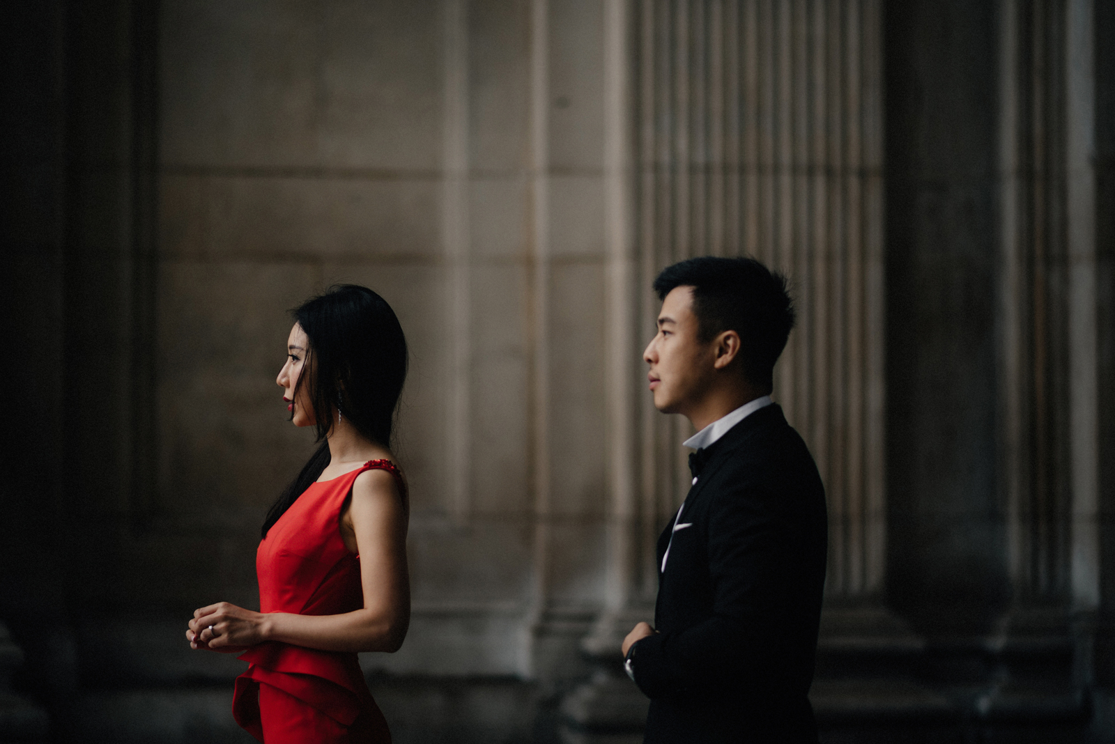 red gown dress and tuxedo for a pre wedding session